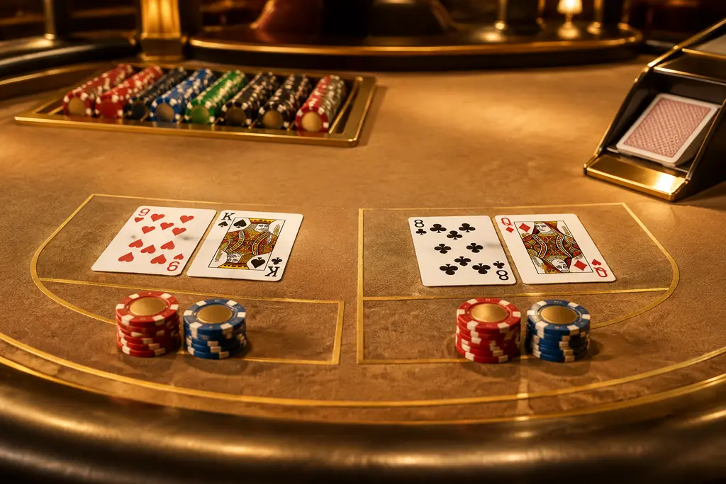 Sepasang tangan kartu pada meja baccarat kasino
