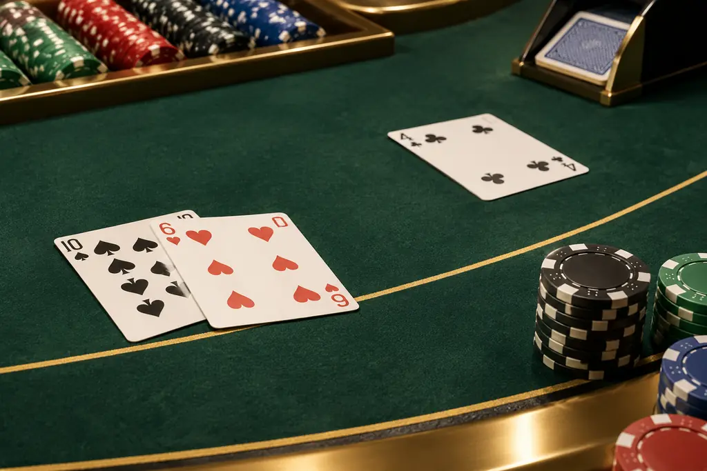 Kartu blackjack dan chip pada kain meja kasino