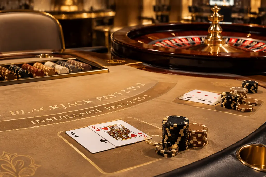 Meja blackjack dan roulette dalam suasana kasino pasir keemasan