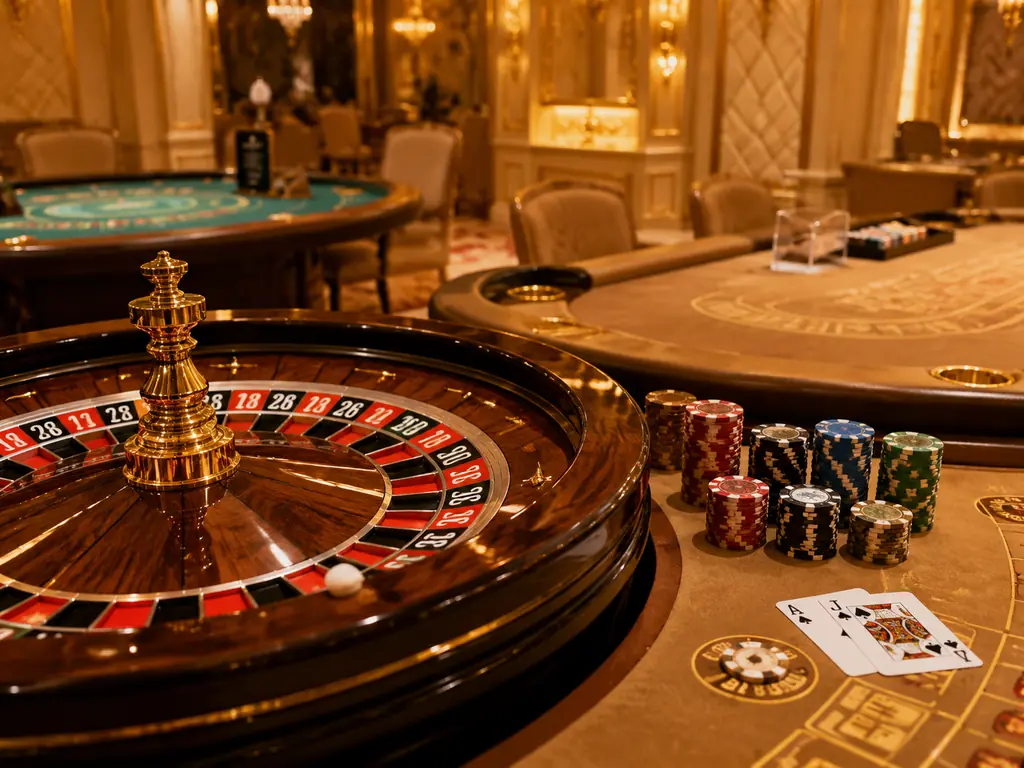 Meja roulette dan kartu di ruang kasino bernuansa pasir dan emas