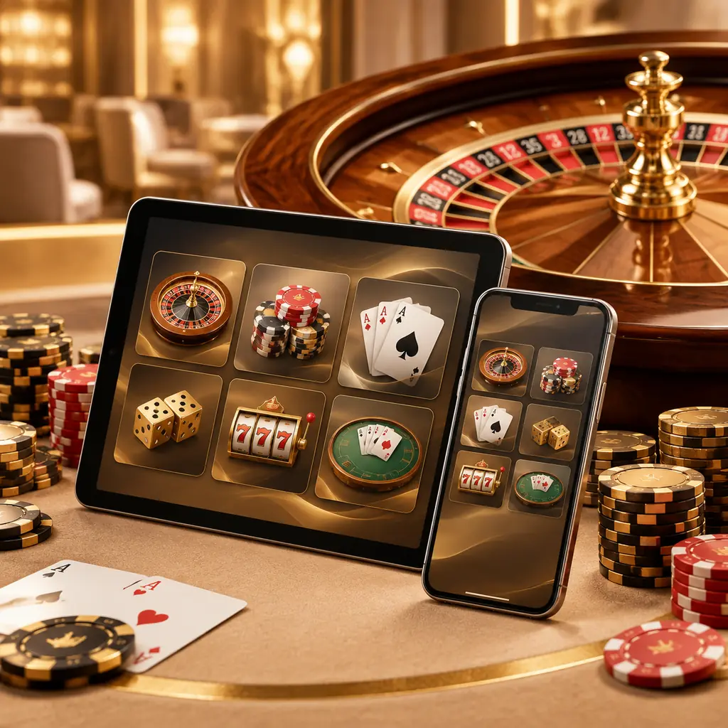 Ponsel dan tablet di tepi meja roulette kasino