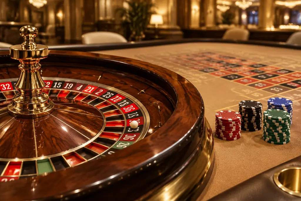 Roda roulette dengan bola dan chip kasino